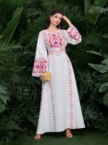 Al Najma 数字位置花卉腰带长袖阿拉伯风格女式连衣裙，阿拉伯连衣裙，端庄 - 彩色 - 查看 7