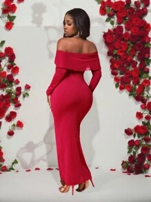 BamGleam 女士新款露肩网眼长袖紧身红色情人节连衣裙蛇年金属装饰图案，适合新年派对、除夕、聚会 - 紅色 - 查看 2