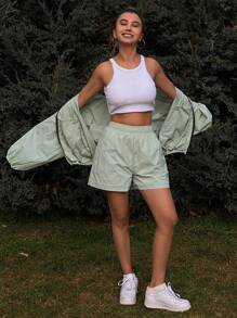 DAZY 2pcs/Set Women Loose Hooded Long Sleeve Jacket And Shorts Set, Casual Sports, Spring/Summer,Fall Clothes Lounge Sets For Women - Green - View 5