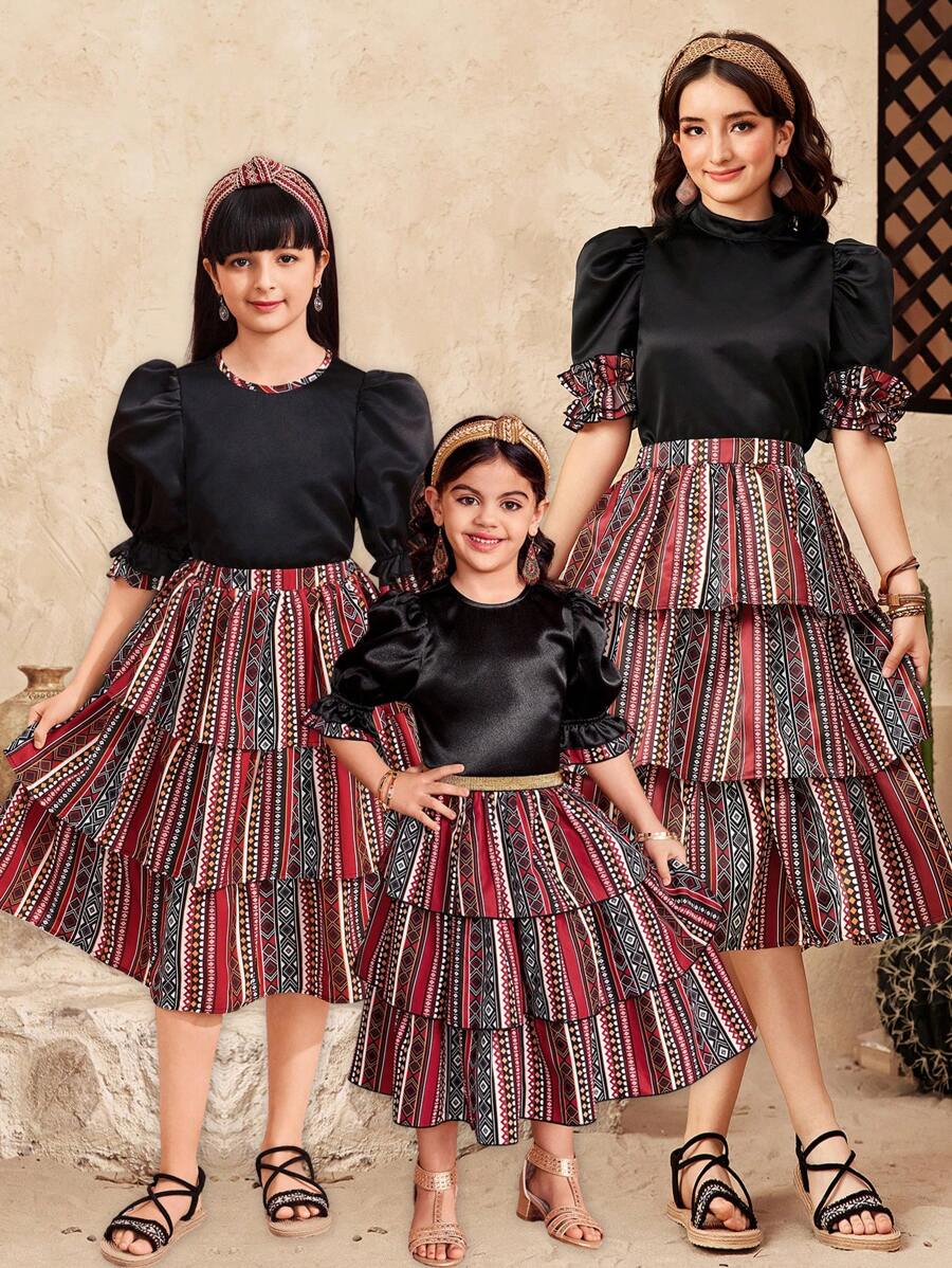 SHEIN Teen Girl Black Stand Collar Gigot Sleeve Ruched Shirt And Geometric Print Layered Ruffle Hem Skirt 2pcs Set, Suitable For Spring/Summer - Multicolor - View 1