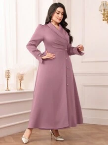 Modelyn Plus Size Women Solid Color Pleated Ruffle V-Neck Long Sleeve Dress - Pink - View 5