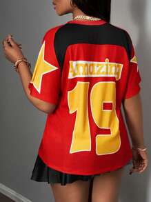 Slaydiva Casual Street Minimalist All-Match Versatile Sports College Style Letter & Number Color Block Pattern Round Neck Short Sleeve Loose Cropped Women T-Shirt, Summer - Multicolor - View 3