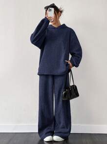 SHEIN EZwear 海军蓝保暖内衬宽松落肩连帽衫和阔腿运动裤两件套 - 藏蓝色 - 查看 5
