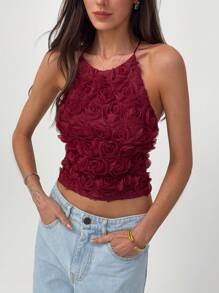 Aloruh 新款玫瑰花卉 3D 露背背心，性感短款上衣，适合情人节约会之夜，百搭