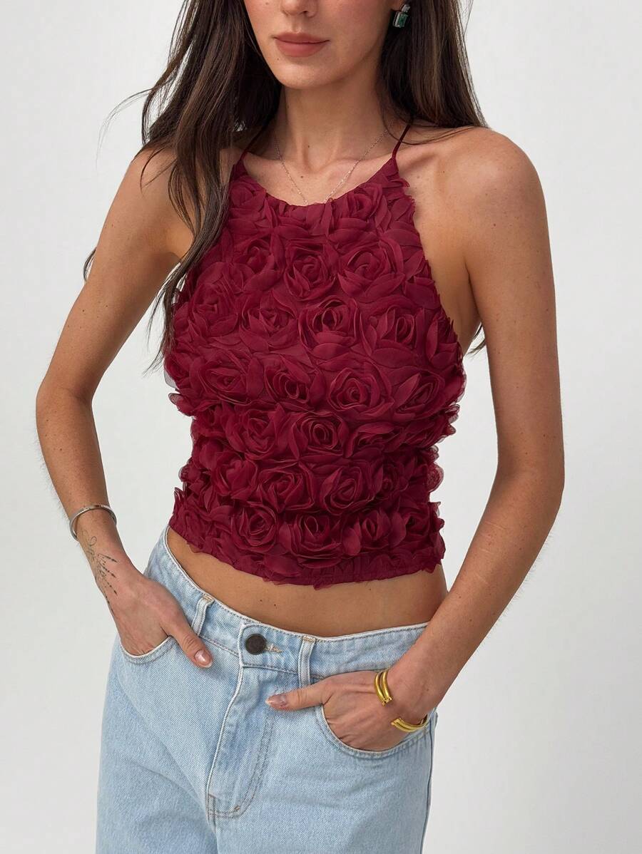 Aloruh 新款玫瑰花卉 3D 露背背心，性感短款上衣，适合情人节约会之夜，百搭