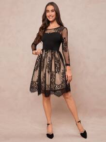 Amorya Women's Lace Mesh Sheer Overlay Knee-Length Dress,Ladies Elegant Contrast Lace,Contrast Mesh,Scallop Long Sleeve Round Neck Regular Fit Short Black Regular Sleeve Colorblock A Line Women Short Dresses,Spring/Fall,Casual Daily Wear Fall/Winter Women Clothes Back To School Modest Vintage Old Money Teacher Outfits For Women Airport