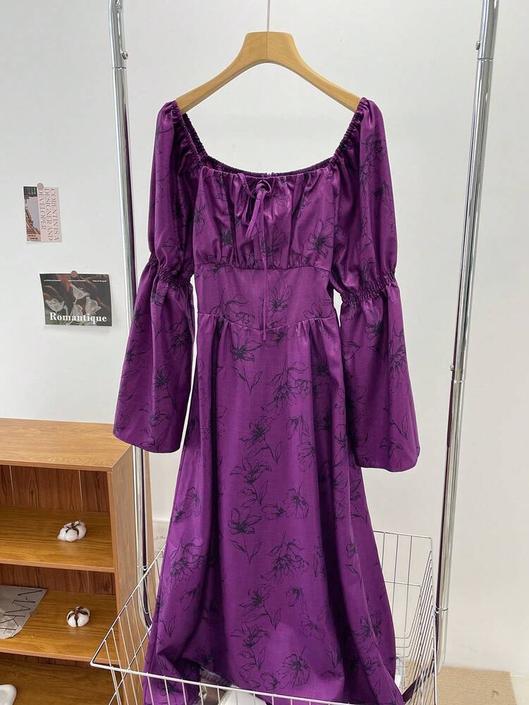 Women's Floral Lantern Sleeve Square Collar Cinched Waist Long Purple Dress, Suitable For Spring/Autumn City Party & Floral,Milkmaid Dress Vacation Outfits Women Maxi Dress Boho