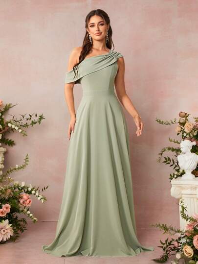 SHEIN Belle Solid Color Asymmetrical Neckline Bridesmaid Dress Elegant Dress For Christmas
