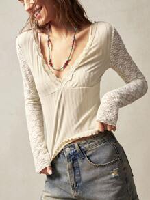 Bohemela Boho 1 Pc Women Fitted V-Neck Long Sleeve Solid Color Knit Blouse - Beige - View 4