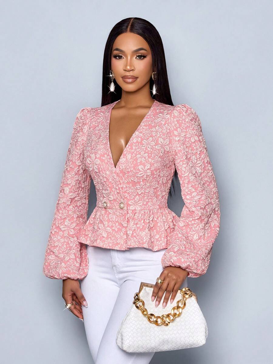 SOLERSUN 2025 Spring Valentine's Day Women Elegant Jacquard Sweetheart Neck Lantern Sleeve Coat (Random Floral) - Pink - View 1