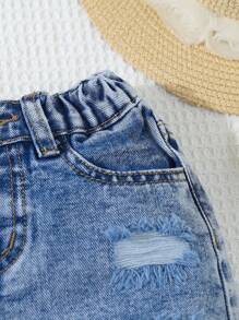 Baby Girl Fashionable Versatile Distressed Denim Shorts