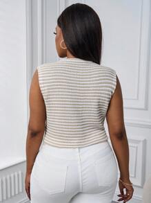 SHEIN PETITE CURVE Plus Size Women's Button-Front Sleeveless Striped Tank Top, Casual Everyday Wear, French Textured Knit Striped Top