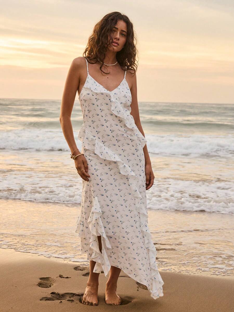 Aralina Summer Beach Outfit Vacation Ruffle Ditsy Floral Strappy Sundress Dress - Multicolor - View 1