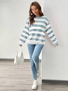 Chiquease Women's Classic Contrast Color Striped Crew Neck Sweatshirt, Fashion Apparel For Holidays, Autumn Pullover Fall - Blue and White - View 3
