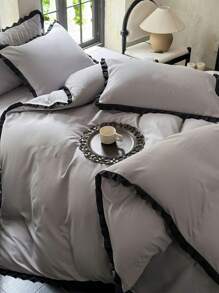 3pcs Light Gray Soft & Skin-Friendly Dorm Bed Narrow Ruffle Duvet Cover Set, 2 Pillowcases 1 Quilt Cover, Without Filler, Machine Washable