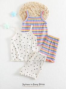 Cozy Pixies 4pcs/Set Baby Girl Valentine's Day Heart Polka Dot & Striped Knit Soft Camisole Top & Elastic Waist Shorts