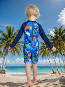 SHEIN Enterizo de manga larga con estampado de dinosaurio y bloques de color en diseño lindo de dinosaurio para niños pequeños, traje de baño para playa y surf, para primavera/verano