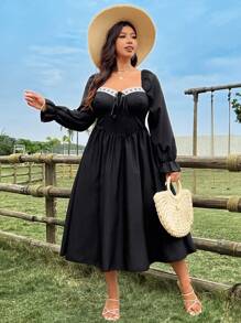 SHEIN Clasi Robe mi-longue princesse à manches bouffantes et taille marquée, tailles grandes - Noir - Voir 3