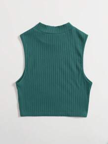 SHEIN EZwear 素色羅紋針織背心上衣 - 墨綠色 - 查看 2