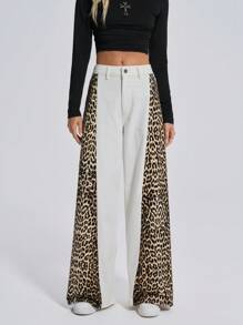 EURMUSE HOCHTAILLIERTE EXTRA WEIT GESCHNITTENE Y2K STREET STYLE LEOPARDEN JEANS - Weiss - Übersicht 7