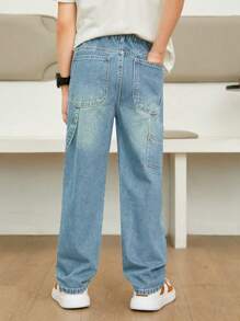 SHEIN Tween Boy Casual Preppy Daily Black Wash Fully Elastic Waist Flat Pockets Straight Jeans - Light Wash - View 2
