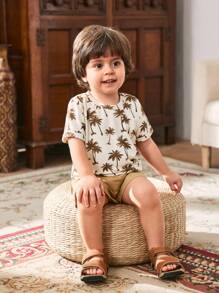 Cozy Pixies Set de 2 piezas de Top de manga corta de cuello redondo suave y pantalones cortos de cintura elástica con estampado de palmeras para bebé niño