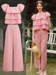 SHEIN Teen Girls 2pcs Sets Light Pink,Summer,Party Outfit,Ruffle Trim Blouse And Wide Leg Pants,Crinkle Texture Linen-Look Princess Holiday Wedding Style - Pink - View 1