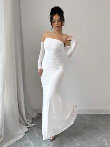 Chiquease New Elegant French Style Date/Office Dress. White Shiny Open Shoulder Mesh Insert Ruffle Decor Long Sleeve Bodycon Dress - White - View 6