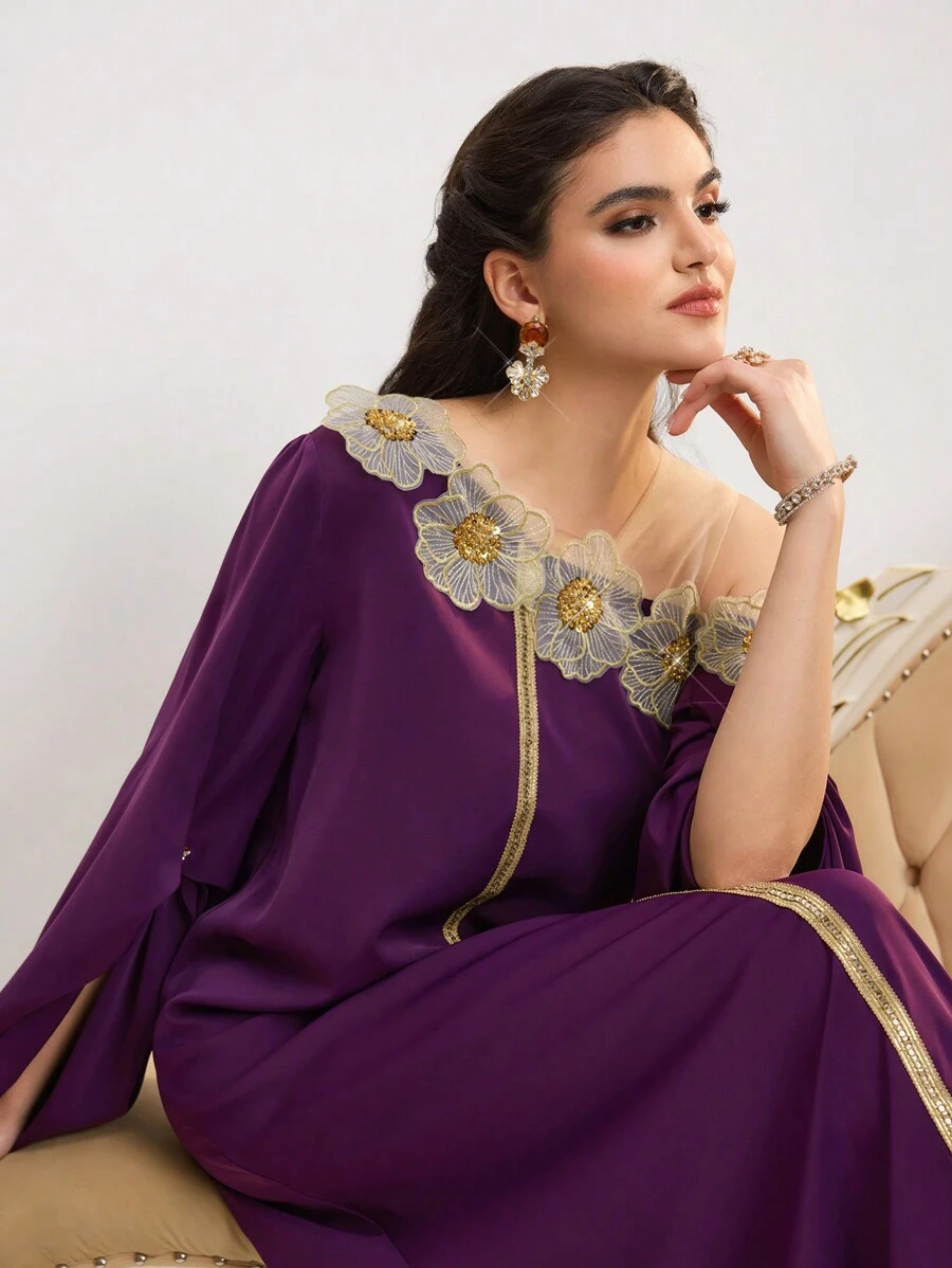 Al Najma Women's Asymmetrical Neck Long Sleeve Elegant Applique Decor Arabic Style Dress, Kaftan & Jalabiya