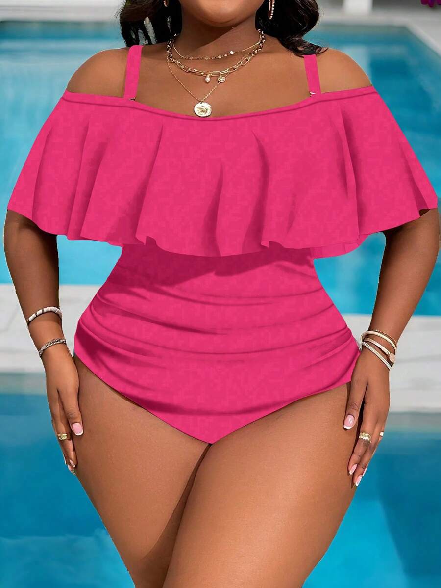 Slaydiva Plus Size Women's Solid Color Vacation Ruffled Cold Shoulder One Piece Swimsuit, For Summer Beach - Hot Pink - View 1