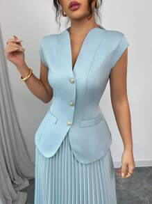 Gloray Set de 2 piezas blusa de mujer de unicolor con botones delanteros elegantes y falda plisada