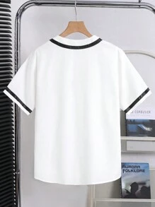 Tween Jungen T-Shirt Oversize lässig, vielseitig, bequem, Streetwear-, Basketball Nummer & Buchstaben Muster Patchwork Einsätze, kurzärmig, locker geschnitten - Weiss - Übersicht 2