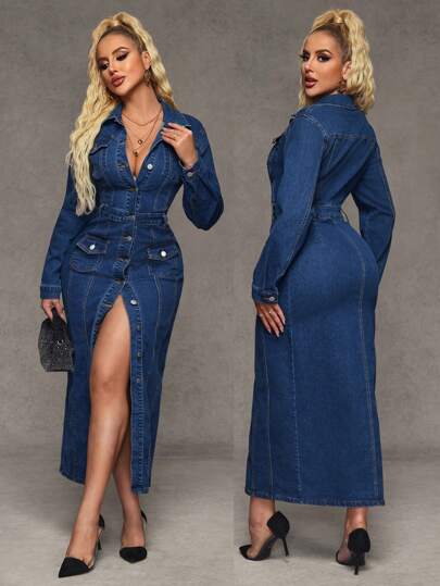 SHEIN BAE Women's Long Sleeve Single-Breasted Pocket Casual Long Denim Dress