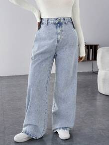 SHEIN Maternity Casual Loose Straight Leg Blue Jeans Women Baggy Jeans Casual Loose Blue Women's Jeans Thanksgiving Women Wide Waist Mom Jeans