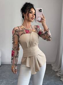 Elenzga 2025情人节新款早春网眼刺绣3D花朵镂空拼布设计收腰优雅褶饰长袖衬衫 - 彩色 - 查看 1