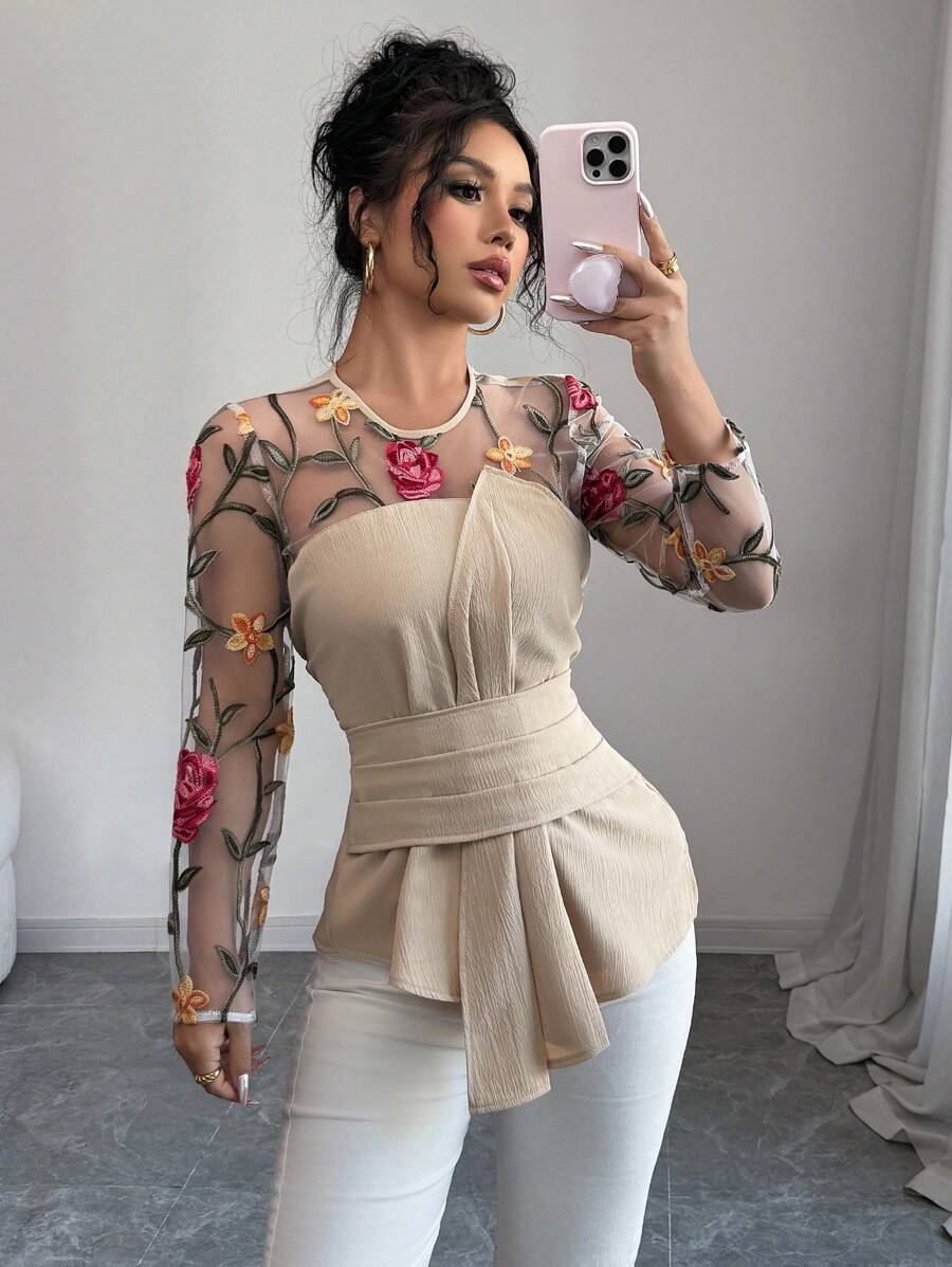 Elenzga 2025情人节新款早春网眼刺绣3D花朵镂空拼布设计收腰优雅褶饰长袖衬衫 - 彩色 - 查看 1