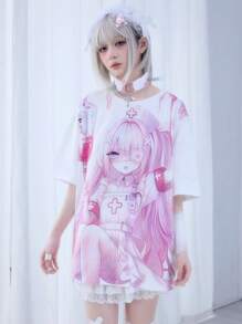 ROMWE Anime Camiseta de manga corta de cuello redondo, corte holgado, con estampado de una chica yandere de anime y dibujos animados, color rosa
