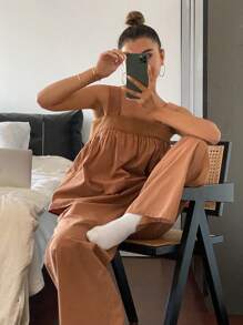 DAZY Simple Wide Strap Ruched Design Top And Loose Straight Leg Pants Pajama Set - Khaki - View 4