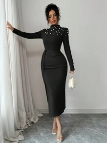 Elenzga 手工串珠褶皱开衩下摆女式连衣裙 - 黑色 - 查看 6