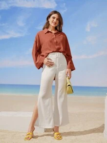 Mulvari Women's Casual Solid Color Drop Shoulder Loose Shirt - Redwood - View 4