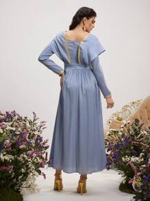 SHEIN Najma Váy dài tay cổ chữ V chắp vá màu xanh lam cho nữ theo phong cách Ả Rập tối giản, váy Ả Rập, ngày lễ tình nhân mùa xuân - Màu xanh bụi bặm - Xem 2