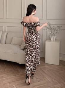 DAZY 全印花豹纹露肩荷叶边拼接高开衩性感中长款鸡尾酒裙，女式，荷叶边猎豹印花