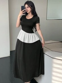 DAZY Vestido de largo medio con volantes asimétricos, patchwork y contraste de colores para mujer - Negro - Ver 9