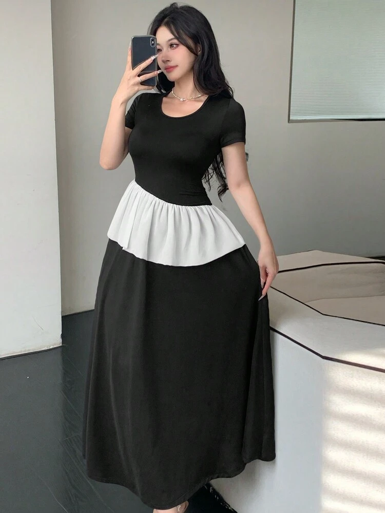 Women's Asymmetrical Ruffle Patchwork Contrast Color Mid-Length Dress