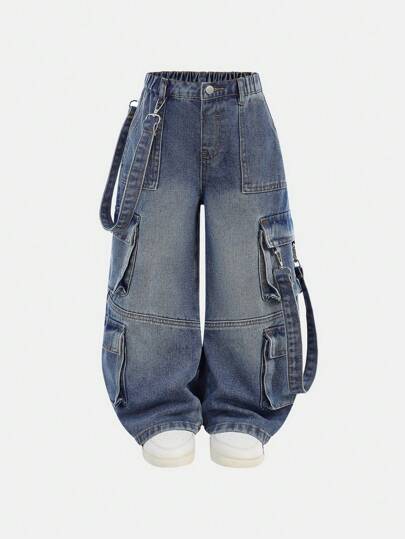 SHEIN Young Girl' Y2K Vintage Blue Denim Loose Cargo Pants,Spring And Summer Girls Casual Vacation Wear,Kid Girls Multiple Cargo Pockets Street Cool Outfit