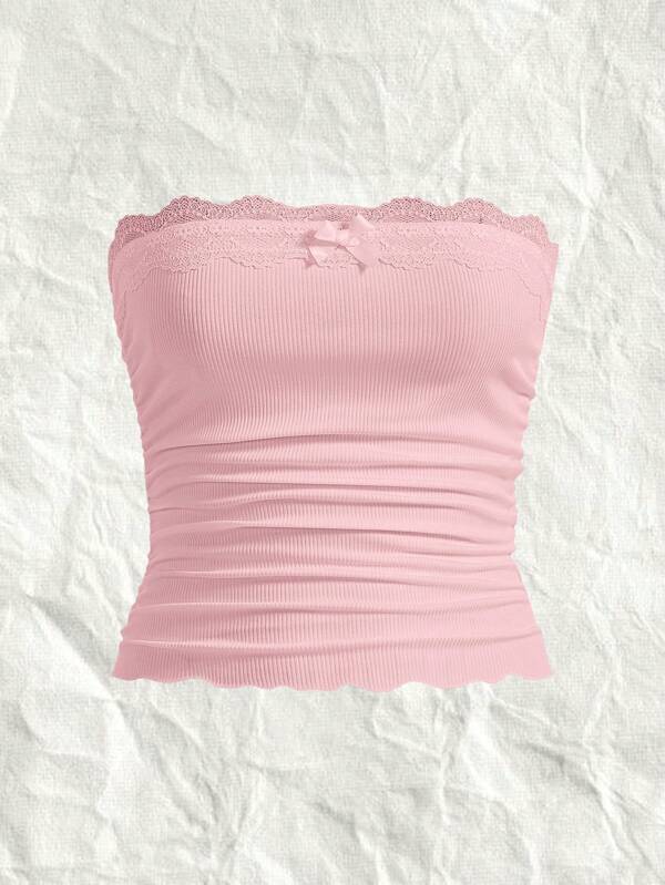 SHEIN EZwear Valentine's Day,Plus Lace Trim Ruched Side Crop Tube Top