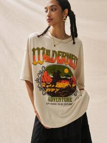 Easelle Camiseta holgada de manga corta de estilo informal y vintage en color caqui para mujer