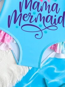 Baby Girl Cute Mermaid Scale Print Ruffled One-Piece Swimsuit,Summer Vacation Beachwear For Baby Girl