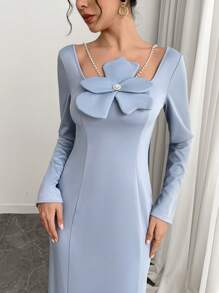Modelyn Women's Elegant Solid Color 3D Floral Decor Long Sleeve Dress - Blue - View 5