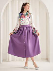 SHEIN Teen Girl 2 Pieces Outfit: Floral Print Long Sleeve Shirt With Decorative Buttons And Waist-Cinching A-Line Skirt, Elegant And Suitable For Spring/Summer - Purple - View 6